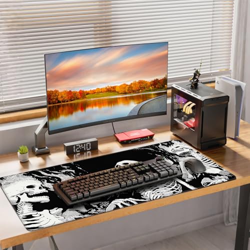 XXL Gaming Mouse Pad, Horror Skull Pattern Black and White, 35.4 x 15.7 Inches, Non-Slip Rubber Base, Waterproof Microfiber Cloth Surface - color: Black and White Skull Design