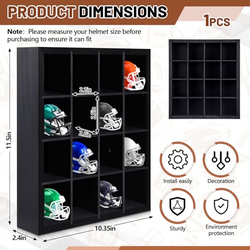 Colingmill 1 Pack Mini Helmet Display Case Pocket Size Football Helmets Wooden Stand Display Cabinet Wall Racks, 11.54"x10.35"x2.4", 4x4 Grid, Black, No Door No Cover(Black) - color: Black