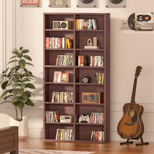 LELELINKY 7 Tier Tall Display Cabinet, Walnut Media Storage Cabinet with Adjustable Shelves, Free Standing DVD Organizer Shelf, Floor Multimedia Storage Manga Bookshelf for Living Room & Home Office. - color: Walnut, size: 7-Tier