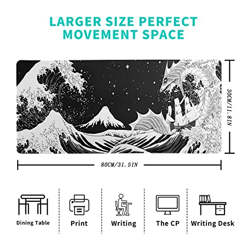 Black and White Japanese Wave Dragon Gaming Mouse Pad - Abstract Mat with Non-Slip Rubber Base, 31.5x11.8 Inch, Stitched Edges - Desk Pad for Office and Home - color: Japanese Waves Sea Dragon