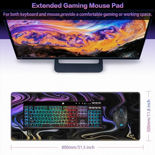 Canjoy Gaming Mouse Pad, Fluid Pattern Mouse Pad 31.5x11.8inch Large Extended Computer Mouse Mat Keyboard Full Desk Mousepad for Gaming, Office, Home - color: Blue-purple Fluid, size: 800*300mm