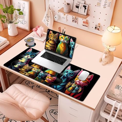Large Mouse Pad + Keyboard Wrist Rest Set, Extended Gaming Mousepad (31.5X11.8 inch) with Non-Slip Rubber, Ergonomics Memory Foam Mouse Wrist Rest Support, Colorful Abstract Cat XXL Desk Pad - color: Yu-Mouse Pad-3-B34