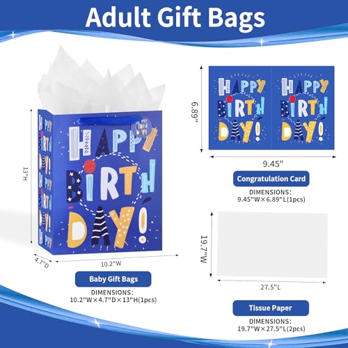 Powbrace 13" Blue Happy Birthday Bag with Tissue Paper and Greeting Card for Party,Happy Birthday Gift Bag for Boys, Girls, Kids, Men Women,Gift Bags Medium size (1 PCS Blue, Gift Bag) - color: 1 PCS Blue Gift Bags, size: 1 count (Pack of 1)