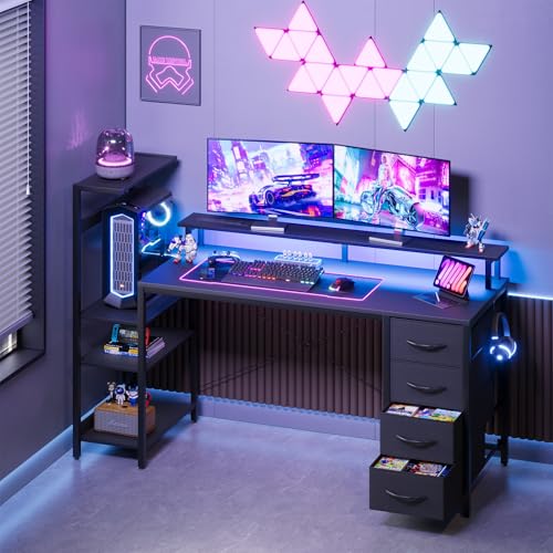 59 Inch Gaming Desk with Power Outlet and LED Lights, Computer Desk with 4 Drawers & Storage Shelves, Reversible Home Office Desk with Monitor Stand for Small Space Bedroom, Carbon Fiber Black - color: Black, size: 59 inch