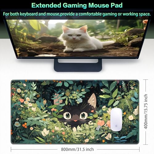 Canjoy Cute Black Cats Anime Mouse pad, 31.5x15.7inch Kawaii Computer Keyboard Mat Extended Large Gaming Mouse Pad with Non-Slip Rubber Base - color: Curious Cat