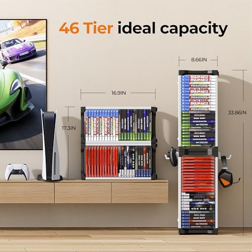 White Video Game Storage Tower 46 PCS - Universal Organizer for PS5 PS4 PS3 PS2 PSP, Xbox Series X/S One 360, Wii Wii U, Switch Switch 2 | Holds Game Cases, Controllers & Headphones - color: White and Black, size: 33.9×8.7×5.5 Inch