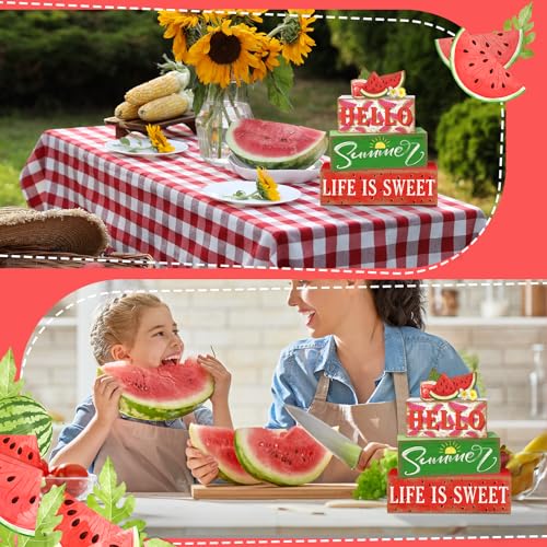 Britimes 4 Pcs Summer Wooden Tiered Tray Decor Set, Sweet Watermelon Table Decor Life is Sweet Farmhouse Rustic Wooden Coffee Table Centerpieces for Home Kitchen Office Decorations (Watermelon Style) - style: Watermelon