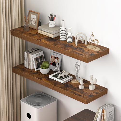 Dreamland 48" Floating Shelves for Wall, 12" Deep Thicker Floating Shelves, Wall-Mounted Shelves for Bedroom, Living Room, Kitchen, Bathroom,Rustic Brown - Set of 2 - color: Rustic Brown, size: 48"W x 12"D x 2"H, Set of 2