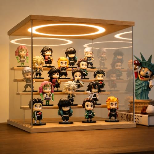 Acrylic Display Case with Adjustable LED Light, 5 Tier Clear Display Box Dustproof Showcase for Action Figures, Collectibles and Mini Toys, Assembly Display Cabinet(Wood 12.5×12.2×11.8in) - color: Wood, size: 5 Tier 12.5×12.2×11.8in