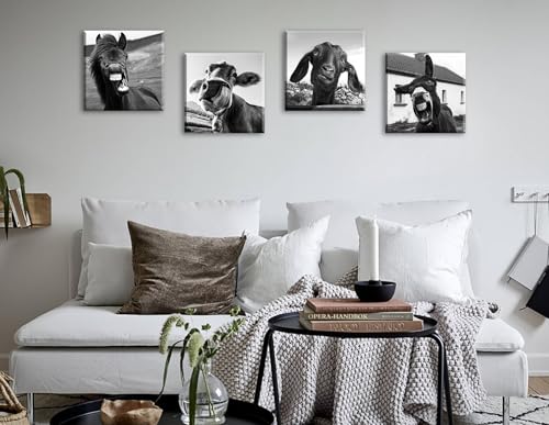 Black and White Wall Art Animal Wall Decor Horse Donkey Sheep Cow Canvas Pictures Prints Funny Decor Posters for Mens Bedroom Office Farmhouse Decoration Stretched Framed Ready to Hang 12×12 inch×4 - color: Artwork-a09
