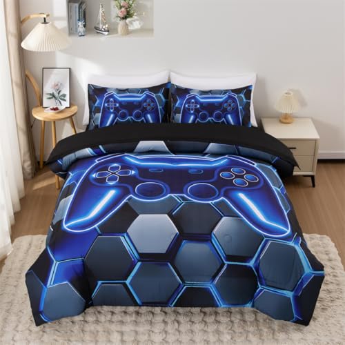 NTBED 3D Gaming Comforter Set for Boys Kids Teens,5pcs Gamer Bedding Sets with Sheet,Game Console Bed in a Bag (Blue, Full) - color: Navy, size: Full