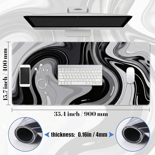 Large Black Grey Liquid Mouse Pad, Extended XL Gaming Desk Pad with Non-Slip Rubber Base, Stitched Edges, Waterproof Surface for Keyboard and Computer 35.4x15.7 inch