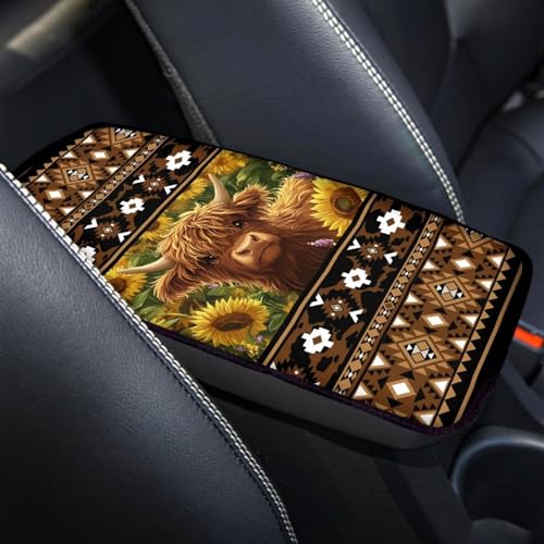 Wanyint Auto Center Console Pad, Easy to Install Armrest Cover, Car Accessories Fit Most Vehicles, SUV, Truck, Vans Sedans, Aztec Brown Highland Cow Sunflower - color: Aztec Brown Highland Cow Sunflower