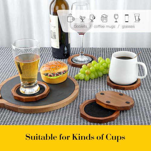 Wood Coasters for Drinks Absorbent with Lip, 4.3 Inch Rustic Acacia Wood Black Felt Coaster with Holder for Wooden Coffee Table for Cups, Mugs, and Glasses - Set of 6 - color: Black Felt