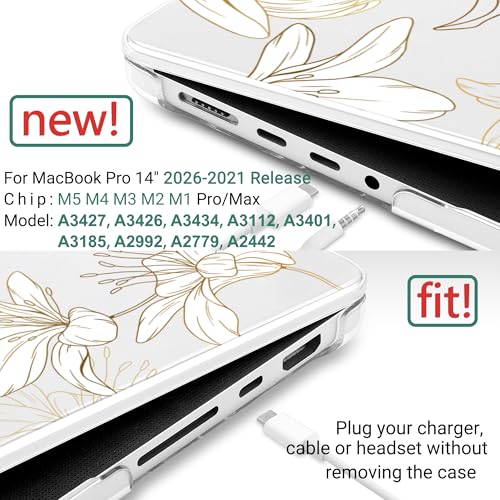 DONGKE Case for MacBook Pro 14 Inch (2026-2021 Release, M5 M4 M3 M2 M1 Pro/Max Chip), Plastic Slim Hard Shell Protective Cover with Keyboard Cover & Screen Protector, Golden Floral - color: Golden Floral X482