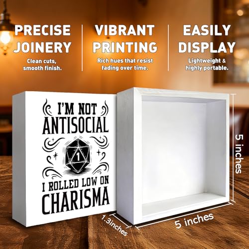 Funny DnD Dice Gifts for RPG Gamers Fans, Dungeons and Dragons Gift Ideas, I Rolled Low on Charisma Dice Playroom Home Wooden Box Sign Decor - color: DnD