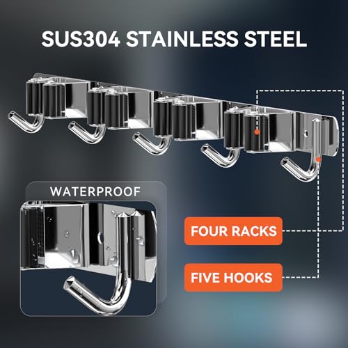 ZONGOOL 2 Pack Mop Broom Holder Wall Mount, 4 Racks and 5 Hooks Broom Organizer Storage Tool Racks Stainless Steel Non-slip Wall Hanger for Home Kitchen Garden Laundry Garage (Silver) - color: Silver, size: 2Pack 4R5H
