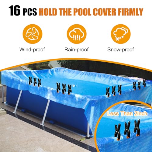 16 Pack Pool Cover Clamps for Above Ground Pools, 4.7 Inch Spring Clamps for Winter Swimming Pool Cover, Heavy Duty Wind Guard Clamps, Plastic Clips for Backdrop Crafts Photography (2 in Jaw Opening)
