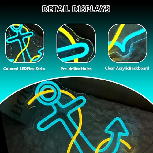 Anchor Neon Sign – LED Anchor Decor Nautical Party Decorations, Captain Neon Light for Bar, Pub, Bedroom, Wall Decor, USB Powered Night Light for Beach Summer Home Gifts - color: anchor