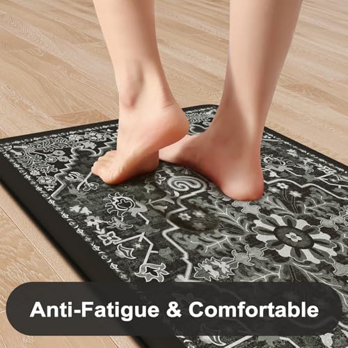 KIMODE Anti Fatigue Kitchen Mat Cushioned, Boho Distressed Kitchen Rugs Sets of 2, Non Slip Memory Foam Kitchen Mat for Floor, Standing Desk Mat for Laundry Office Sink 17.3"x29"+17.3"x59" Black - color: Black/Multi, size: 17.3" x 59"+17.3" x 29"--0.47 in