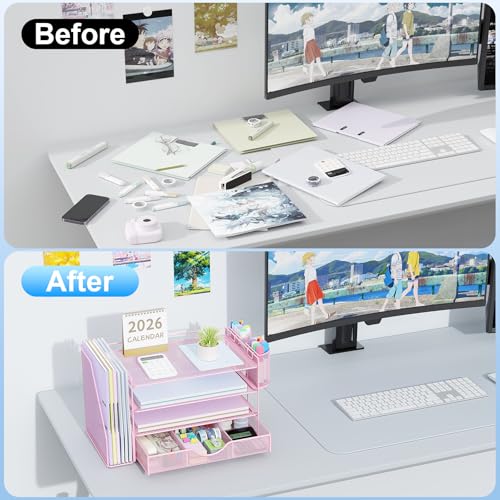 gianotter Desk Organizers and Accessories with File Holder, 4-Tier Desk Accessories & Workspace Organizers with Drawer and 2 Pen Holder, Paper Organizer for Office Supplies (Pink) - color: Pink