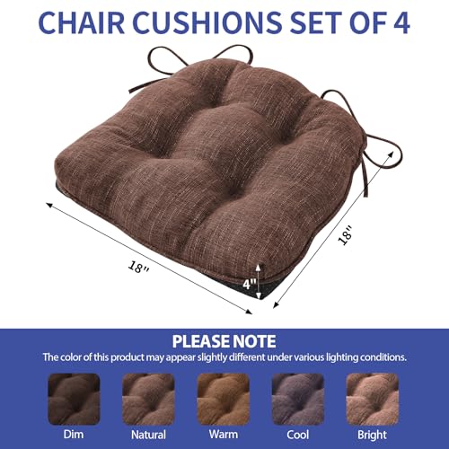 IPYNBAP Chair Cushions for Dining Chairs Set of 4, Kitchen Chair Cushions, Chair Pads with Ties and Non Slip Backing, Tufted Memory Foam Seat Cushion 4 Pack, 18" x 18" x 4", Brown - color: Brown, size: 18" x 18" x 4"