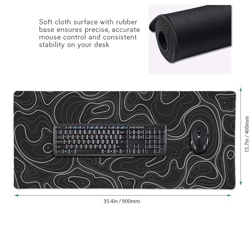 Large Gaming Mouse Pad Black Topographic Contour Mouse Pad with Stitched Edges & Nonslip Rubber Base Extended XXL Long Mousepad Big Desk Mat for Company Office Work, 35.4 x 15.7 in - color: Black Topographic, size: 35.4" x 15.7"