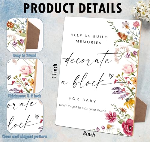 Decorate a Block Baby Shower Sign, Wooden Floral Signs for Table, 5.6X 8 Inches, Baby Shower Activities for Guests, Supplies for Gender Reveal Games and Newborn Announcement Parties, 13 - color: Decorate a Block Sign, 13