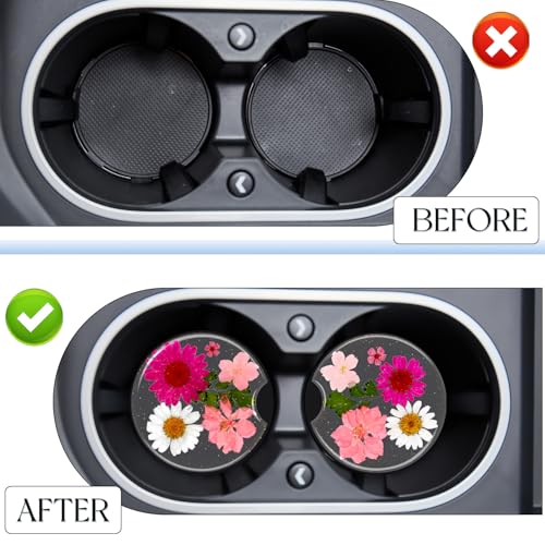 Swooflia Flower Car Cup Holder Coasters for Women - 2.75 Inch Cute Resin Clear Automotive Drink Cupholder Insert Car Accessories 2 Pack Pink - color: Pink