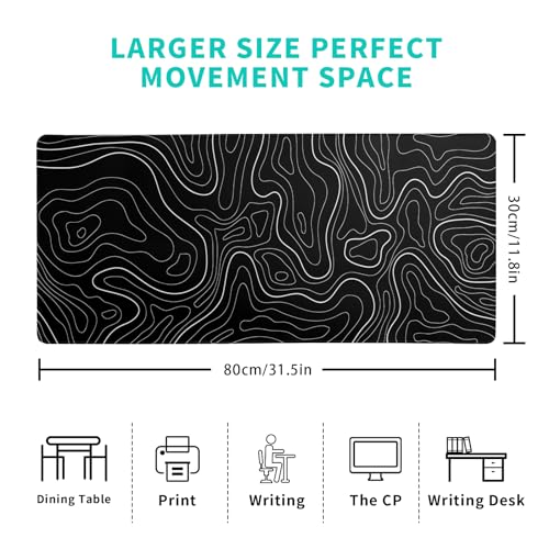 Topographic Contour Black Gaming Mouse Pad XL Geographic Map Lines Extended Big Large Desk Mat Non-Slip Rubber Base Stitched Edge Long Keyboard Mousepad for PC Computer Laptop,31.5x11.8 Inch - color: Black Topographic Contour
