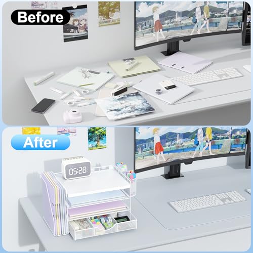gianotter Wood Desk Organizers and Accessories with File Holder, 4-Tier Desk Accessories & Workspace Organizers with Drawer and 2 Pen Holder, Desk Reference Organizer (White, 4T with Metal Drawer) - color: White, size: 4T with Metal Drawer