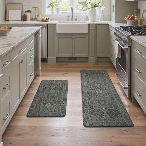 GENIMO Kitchen Mats for Floor 2PCs, Washable Anti Fatigue Mat for Cushioned, 17.3"x47"+17.3"x30", Waterproof Kitchen Rugs, Non Slip Comfort Standing Mat Rug for Home, Sink, Laundry, Dusky Green - color: Dusky Green, size: 17.3"x47"+17.3"x30"--0.4 inches