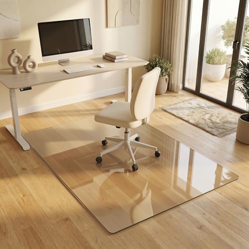 Tempered Glass Chair Mat for Hardwood Floor, 46" x 55" Heavy Duty Glass Office Chair Mat, for Low Pile Carpet, 0.2" Thick with 4 Non-Slip Pads, Smooth Rolling for Home & Office - size: 46" x 55"