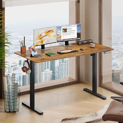 DEVAISE 55 Inch Electric Standing Desk, Adjustable Computer Desk for Home Office, Ergonomic Sit to Stand Desk with LED Touchscreen,Headphone Hook, 3 Memory Preset, with Split Top, Rustic Brown - color: Rustic Brown, size: 55 Inch / Split Top