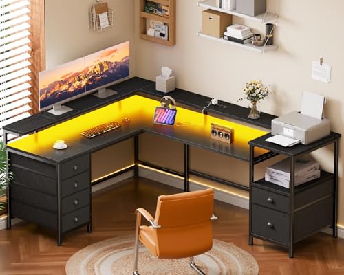 Furologee 66" Reversible L Shaped Gaming Desk with 6 Drawers & Printer Storage Shelves, Corner Computer Desk with Power Outlets & LED Lights, Home Office Table with Monitor Stand, Black - color: Black