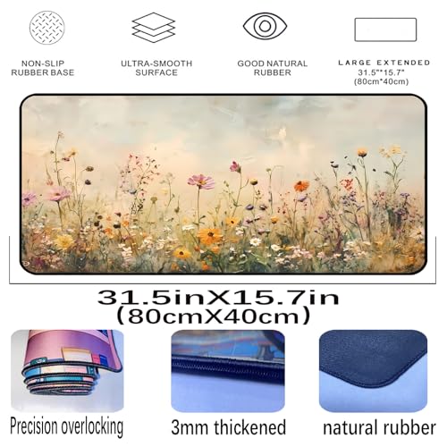 Beige Watercolor Flower Desk Mat, Oil Painting Style Desk Matt, Plant Flower Mouse Mat, Game Desktop Cover Mat, Women's Laptop Keyboard and Mouse Pad, Bohemian Office Desk Decor 31.5"X15.7" - color: Watercolor Wildflowers