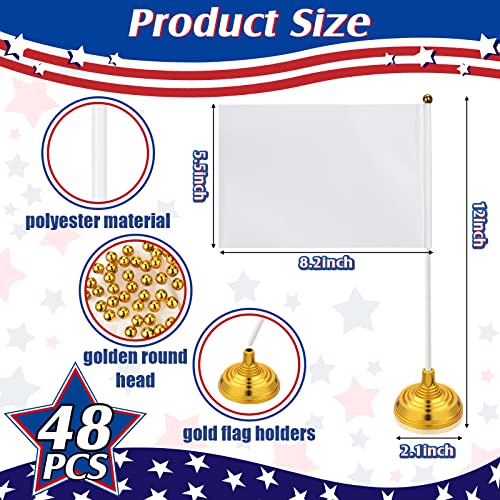Tatuo 48 Pcs Mini White Desktop Flags on Stick with Stands 5.51 x 8.27 Office White Solid for DIY Craft Small Blank Desktop Flag with Pole for 4th of July Event Celebration
