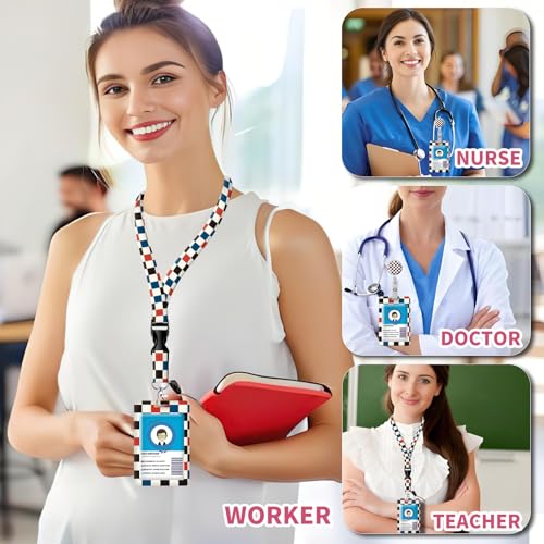 ID Badge Holder with Lanyard Fashionable ID Card Holders with Retractable Lanyards Soft Fiber Metal Clip Sturdy Buckle for Key Wallet Work Nurse Teacher (Cute Checkerboard) - color: Cute Checkerboard