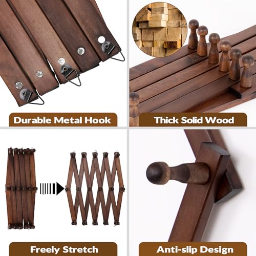 SCUNDA Hat Rack for Wall, Expandable Wall Hat Holder with 16 Hooks, 16 inch Wooden Wall Hook for Baseball Caps,Cowboy, Bag,Hoodie(Brown) - color: Brown, size: 16 Hooks