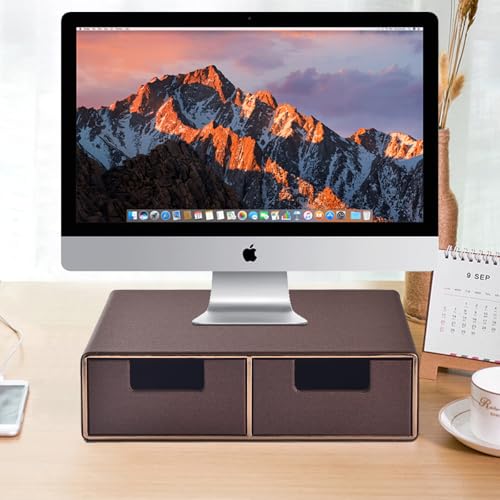 Linen Leather Desk Organizer and monitor stand with Drawers-Mini Desktop Drawer Organizer Stackable-Tabletop Organization Storage Box for Office Supplies Home Vanity Toiletries (Brown, 2-drawers) - color: Brown