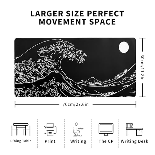 Japanese Sea Wave Gaming Mouse Pad 27.6x11.8 Inch Anime Black Large Mousepad Extended Kanagawa Mousepad Gaming Non-Slip Rubber Base Stitched Edges Keyboard Mouse Mat Desk Pad for Office Home Game - color: Black Wave of Kanagawa