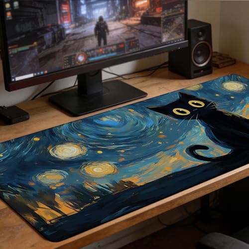 Black Cat Under Starry Night Gaming Mouse Pad Large Desk Mat Extended Keyboard Anime Mousepad with Non-Slip Base and Stitched Edge for Desk Home Office Gaming,35.4 x 15.7 Inch - color: Black Cat under Starry Night, size: 15.7*35.4inch
