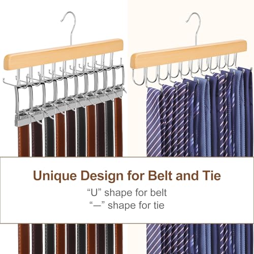 TOPIA HANGER 2 Pack 2 in 1 Belt Tie Hanger for Closet Max 60 Belts with 60 Ties Capacity, 20 Hooks Belt Tie Racks Wooden Hanger for Closet Organizer Space Saving “U” Fit Belt and “一” Fit Tie - CT59N - color: Natural-2 Pack