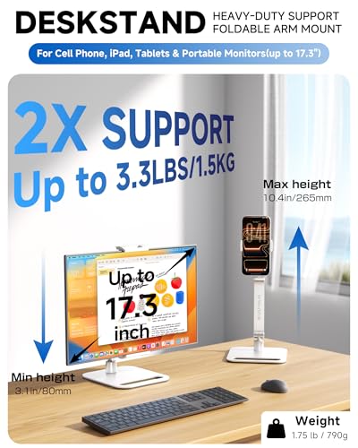 Portable Monitor Stand for 15.6'',17.3'', Tablet Stand Holder for iPad | Aluminum Alloy Foldable Arm Mount with 360° Swivel, Desk Holder Compatible with 4.7-17.3inch Tablet iPad Pro - color: White