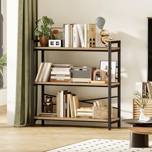 Book Shelf, 3 Tier Bookshelf 31.49" Width, Book Shelf Storage and Organization, Wooden and Metal Industrial Bookcase, Large Book Shelves for Home Living Room Bedroom Office Storage(Light Coffee) - color: Light Coffee, size: 3 Tier - 31.5" W