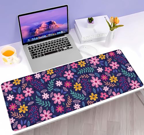 Purple Pink Flowers Desk Mat, Daisy Floral Extended Large Gaming Mouse Pad, Non Slip Rubber Base Stitched Edge Desktop Desk Pad for Computer, Christmas and Thanksgiving Gifts, 31.5 x 11.8 in - color: Pink Flowers on Blue