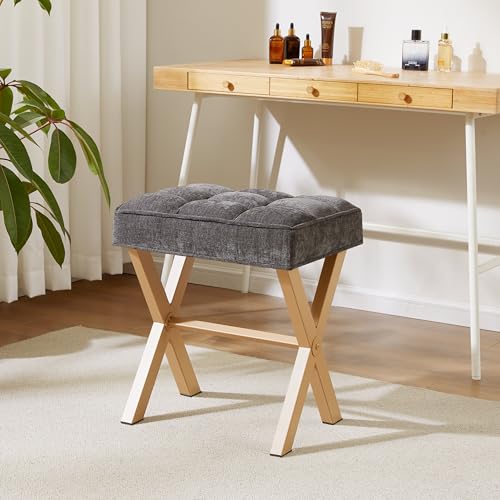 Royal Windsor Vanity Stool,Square Ottoman Stool Foot Rest,Upholstered Vanity Chair Foot Stool with Metal X Legs, Small Vanity Seat for Entryway,Bedroom and Living Room,Dark Grey+Yellow - color: 12.6"d Dark Grey+yellow