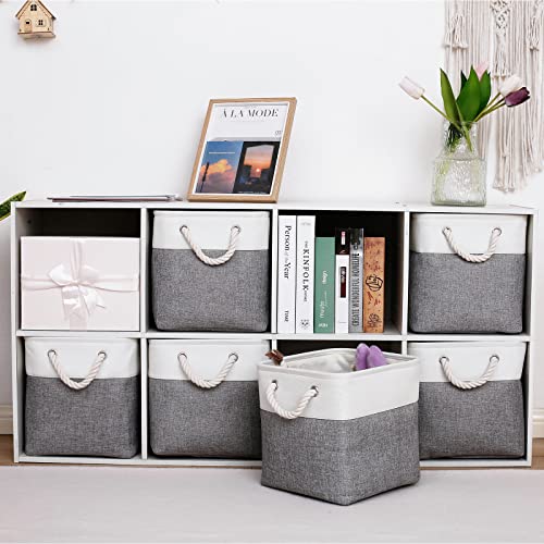 MidmmVick 11 x 11 Inch Cube Storage Bins, 6 Pack Large Collapsible Fabric Storage Bin with Ropes, Foldable Storage Cubes for Home, Office,Closet, Clothes, Toys Organizer (White & Grey-11"x11"x11") - color: White & Grey-11"x11"x11"