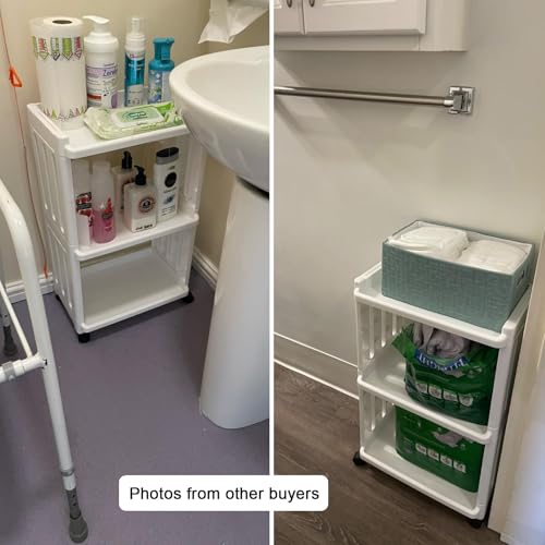 Rolling Storage Utility Cart Slim Organizer Shelf with Wheels 3 Tier Narrow Places Mobile Shelving Unit Tower Rack for Kitchen Bathroom Laundry Room Home Office Bedroom Living Room Washroom, White