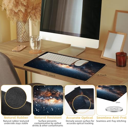 Galaxy Starry Sky Desk Mat Large Mouse Pad Gaming Mousepad 31.5 x 15.8 in | Desk Pad for Keyboard and Mouse, Large Non-Slip Rubber Base Mousepad Desk Mat with Stitched Edges for Gaming Office - color: Galaxy